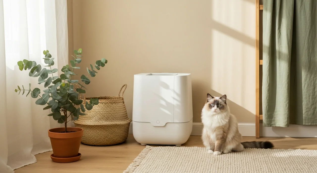 Litière automatique Ronron dans un salon chaleureux, lumière du matin